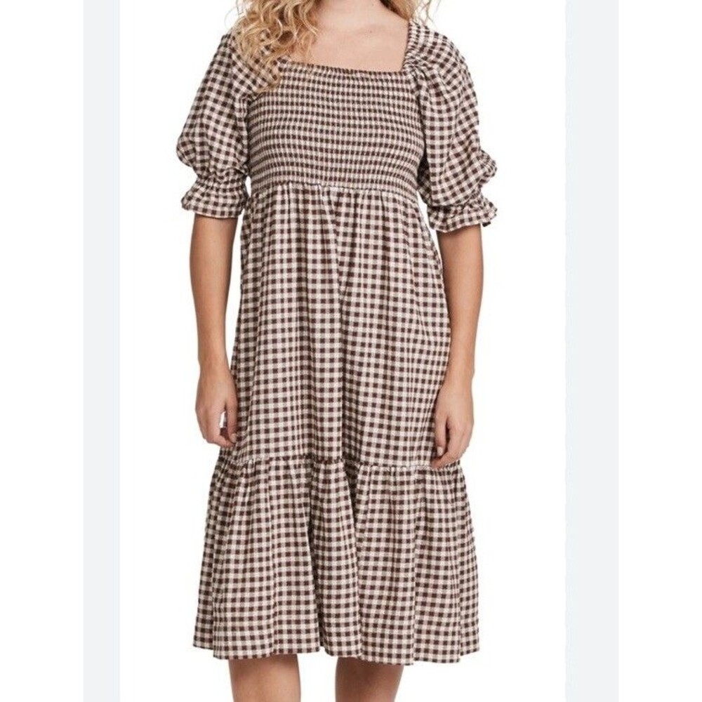 Madewell Lucie Smocked Gingham Midi Dress Brown White Puff Sleeve Cotton Sz XXS - Picture 2 of 16